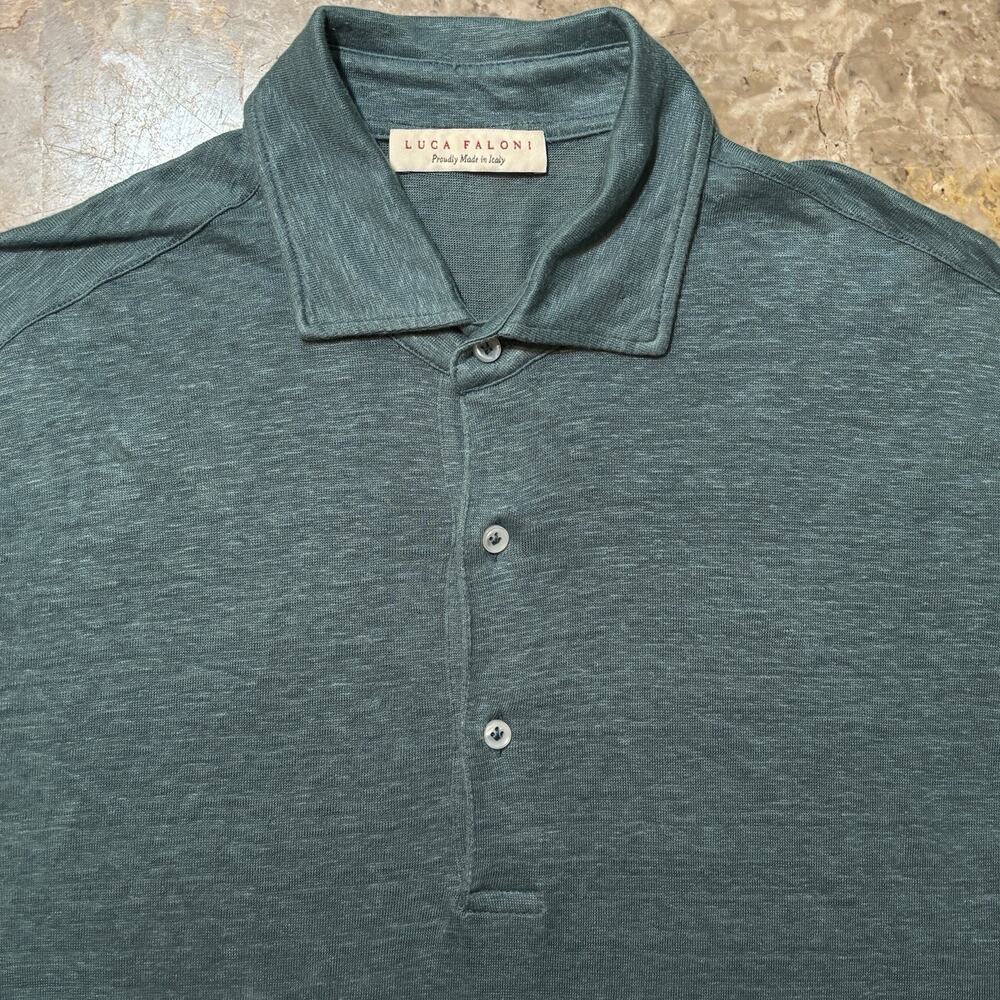 Luca Faloni Polo Shirt Mens Medium Green 100% Linen Italy Short Sleeve